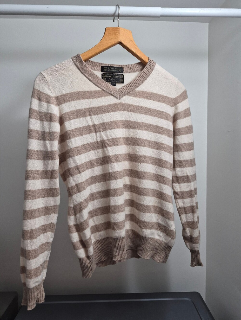 Mario Serrani Taupe and Cream Striped V-Neck Sweater